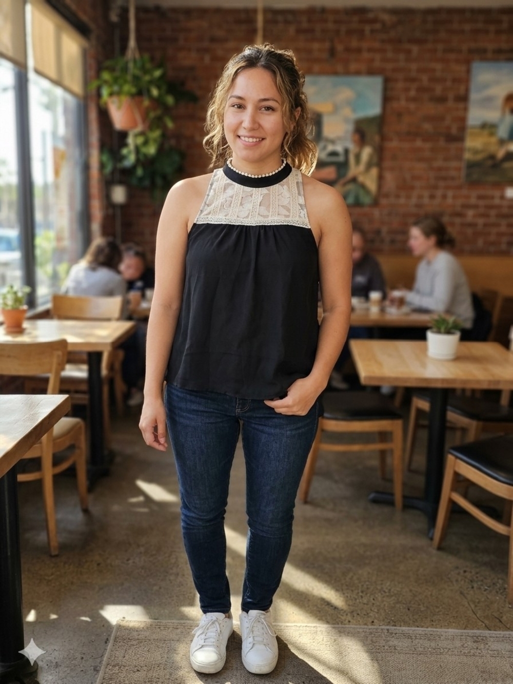 Sleeveless Black Tank with Cream Lace Yoke by